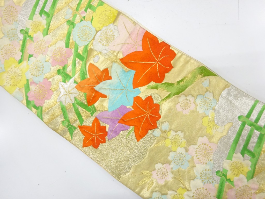 JAPANESE KIMONO / ANTIQUE FUKURO OBI / SILK / WOVEN SAKURA & UME